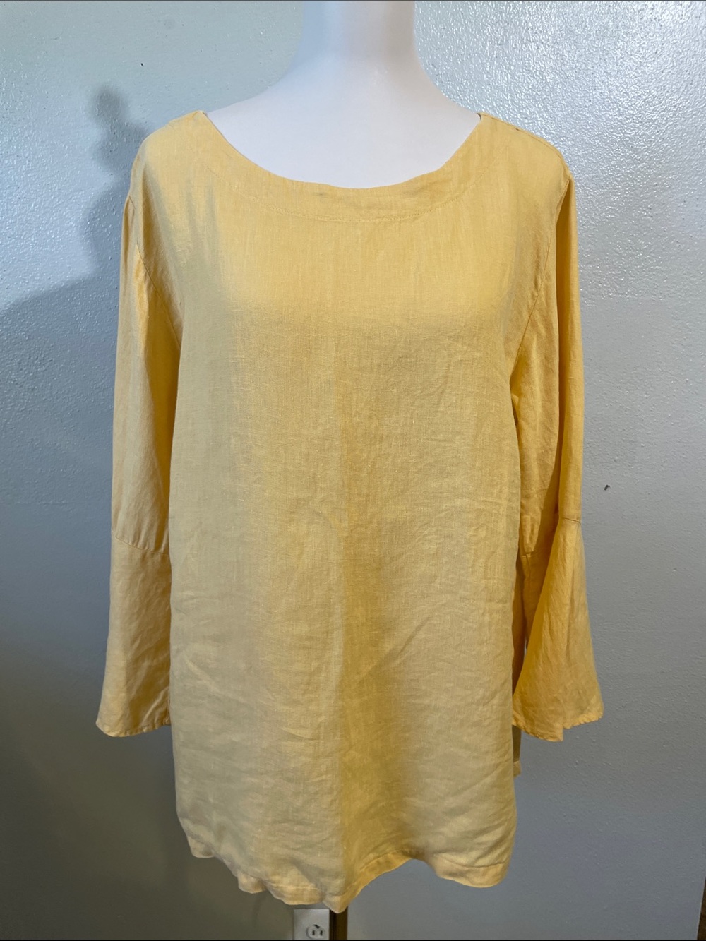 Coastal Lagenlook Linen Ruffle Cuff Tunic Top Butter Yellow Cut Loose XL X-Large